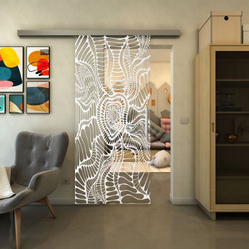 Glasschiebetür SLIM-LINE - Fineprint Modell 012 Weiss auf Klarglas