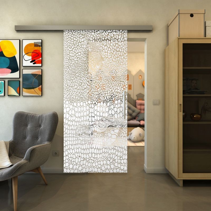 Glasschiebetür SLIM-LINE - Fineprint Modell 015 Weiss auf Klarglas