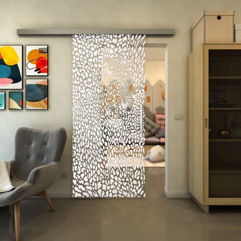 Glasschiebetür SLIM-LINE - Fineprint Modell 016 Weiss auf Klarglas
