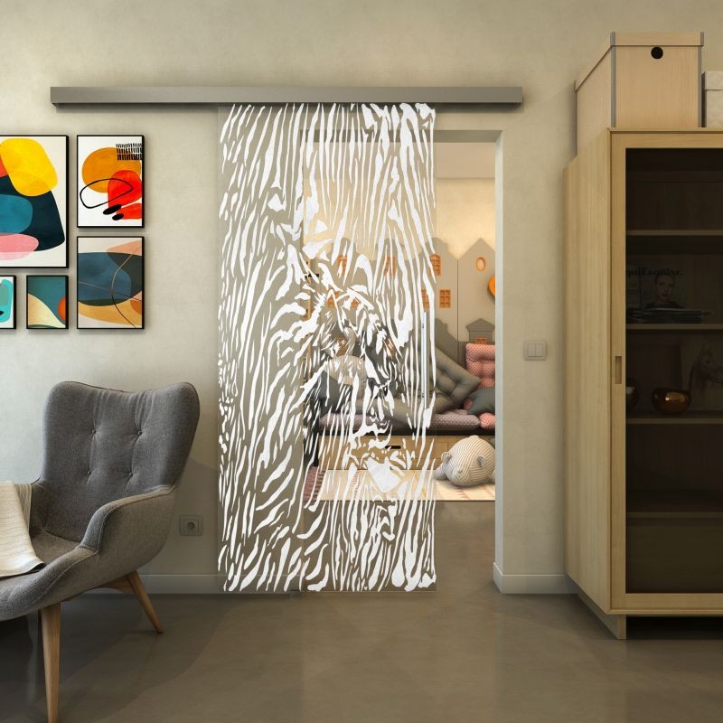 Glasschiebetür SLIM-LINE - Fineprint Modell 017 Weiss auf Klarglas