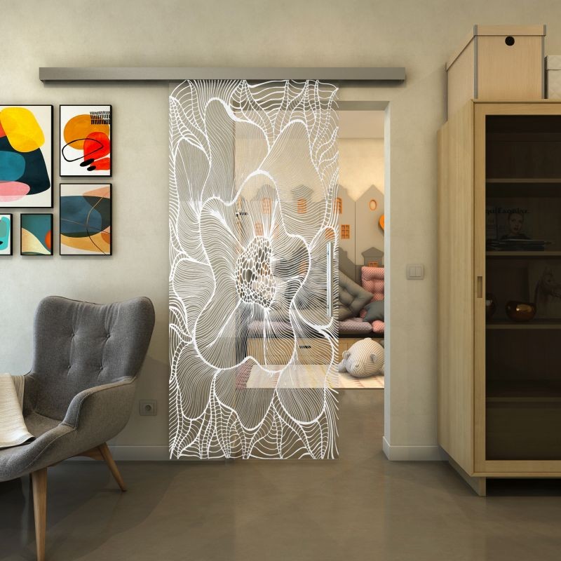 Glasschiebetür SLIM-LINE - Fineprint Modell 020 Weiss auf Klarglas