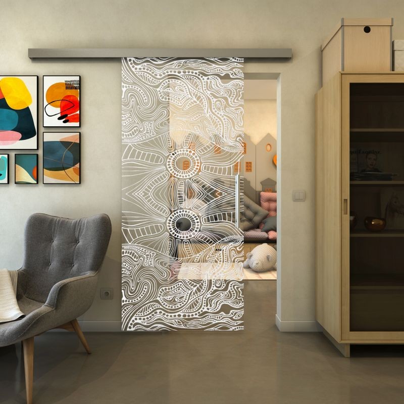 Glasschiebetür SLIM-LINE - Fineprint Modell 030 Weiss auf Klarglas