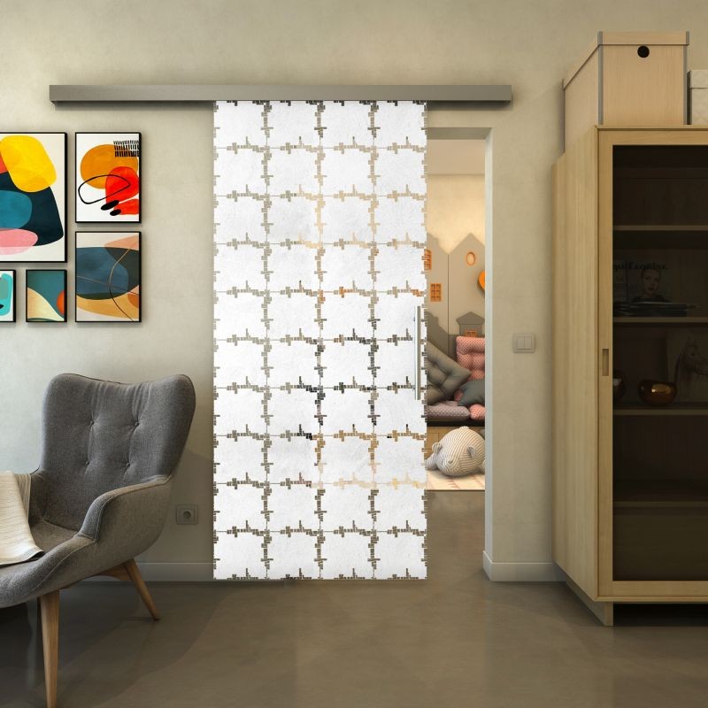 Glasschiebetür SLIM-LINE - Fineprint Modell 033 Weiss auf Klarglas