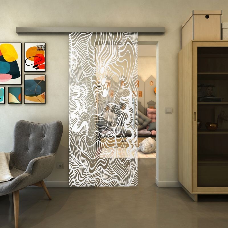 Glasschiebetür SLIM-LINE - Fineprint Modell 056 Weiss auf Klarglas
