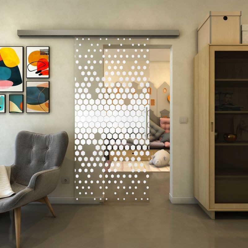 Glasschiebetür SLIM-LINE - Fineprint Modell 072 Weiss auf Klarglas