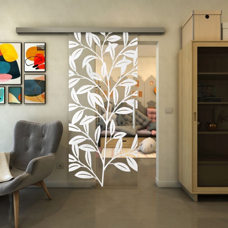 Glasschiebetür SLIM-LINE - Fineprint Modell 099 Weiss auf Klarglas