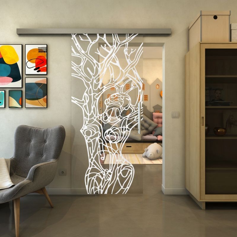 Glasschiebetür SLIM-LINE - Fineprint Modell 105 Weiss auf Klarglas
