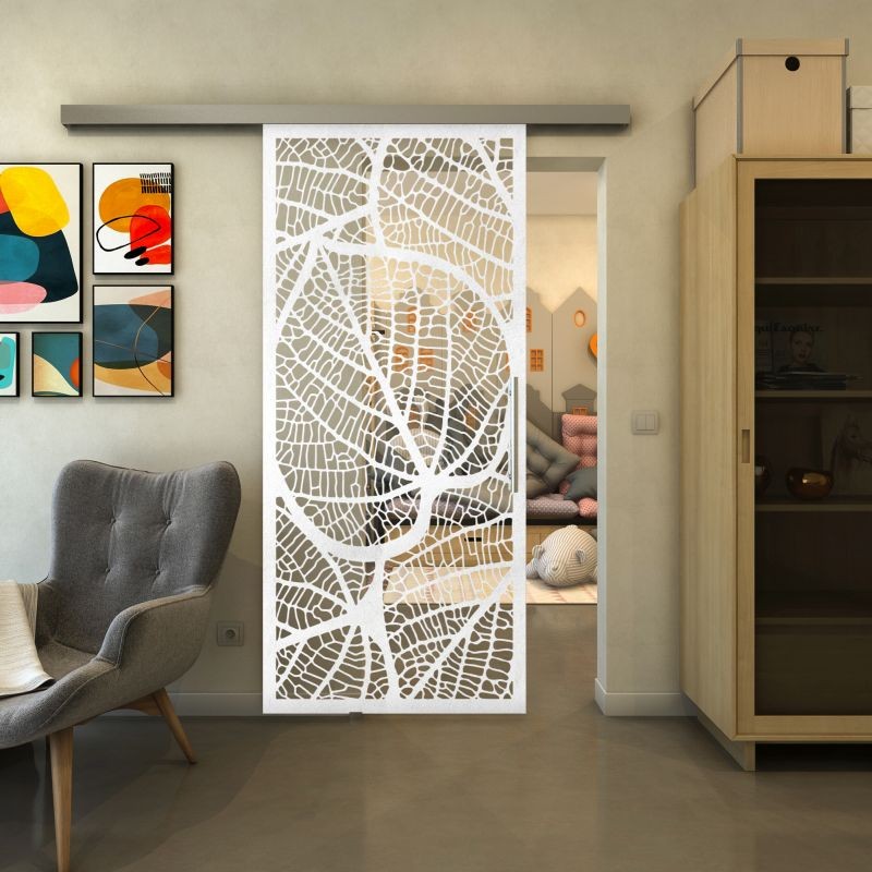 Glasschiebetür SLIM-LINE - Fineprint Modell 107 Weiss auf Klarglas