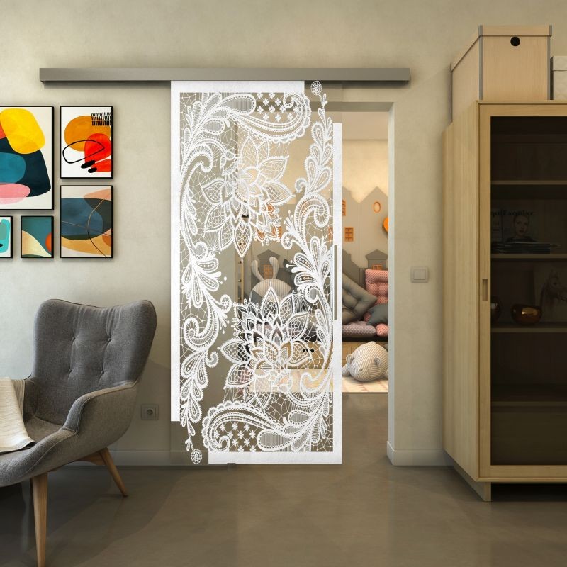 Glasschiebetür SLIM-LINE - Fineprint Modell 108 Weiss auf Klarglas