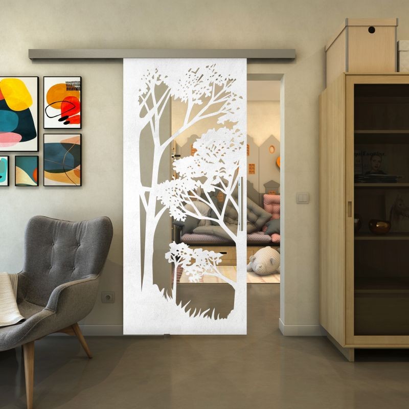 Glasschiebetür SLIM-LINE - Fineprint Modell 110 Weiss auf Klarglas