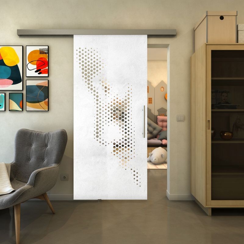 Glasschiebetür SLIM-LINE - Fineprint Modell 120 Weiss auf Klarglas Glasschiebetür SLIM-LINE - Fineprint Modell 120 Weiss auf Klarglas