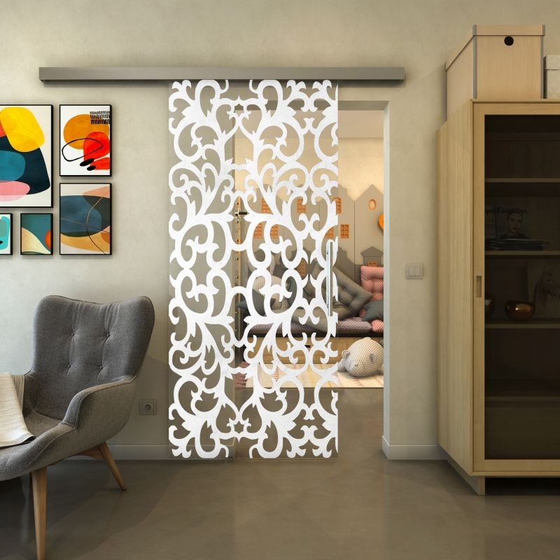Glasschiebetür SLIM-LINE - Fineprint Modell 139 Weiss auf Klarglas