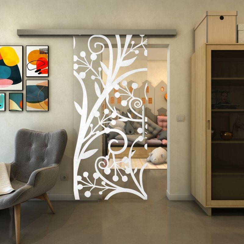 Glasschiebetür SLIM-LINE - Fineprint Modell 146 Weiss auf Klarglas