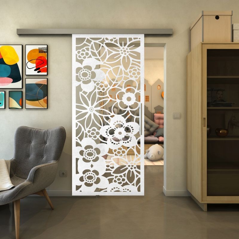 Glasschiebetür SLIM-LINE - Fineprint Modell 149 Weiss auf Klarglas