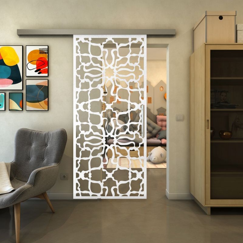 Glasschiebetür SLIM-LINE - Fineprint Modell 150 Weiss auf Klarglas