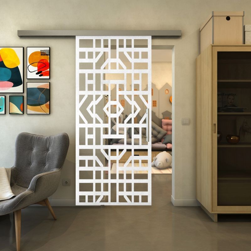 Glasschiebetür SLIM-LINE - Fineprint Modell 152 Weiss auf Klarglas