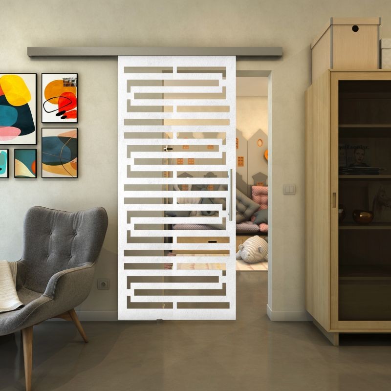 Glasschiebetür SLIM-LINE - Fineprint Modell 153 Weiss auf Klarglas
