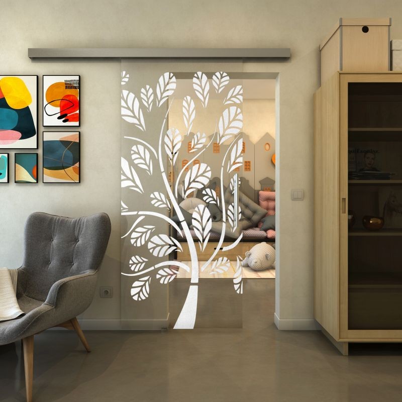 Glasschiebetür SLIM-LINE - Fineprint Modell 159 Weiss auf Klarglas