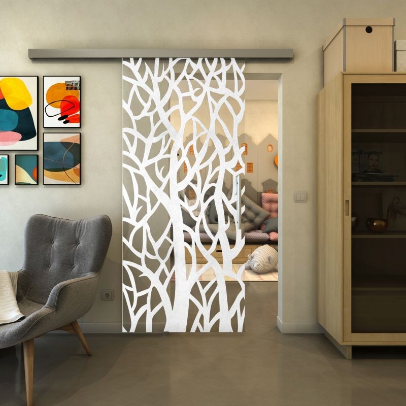 Glasschiebetür SLIM-LINE - Fineprint Modell 167 Weiss auf Klarglas