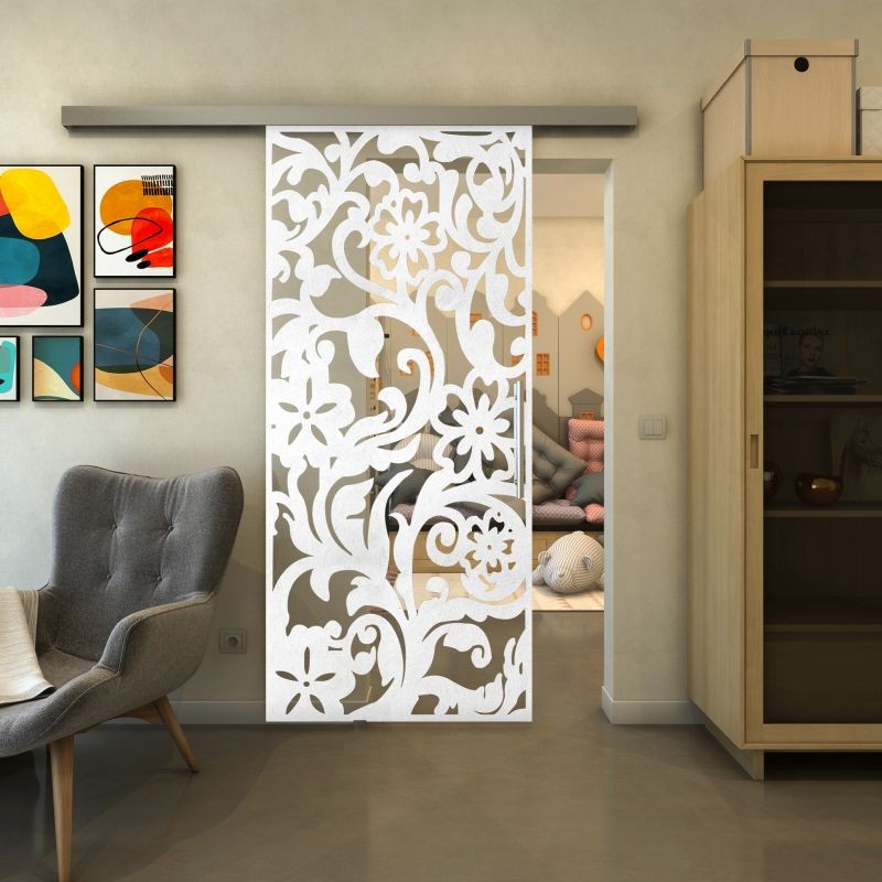 Glasschiebetür SLIM-LINE - Fineprint Modell 170 Weiss auf Klarglas