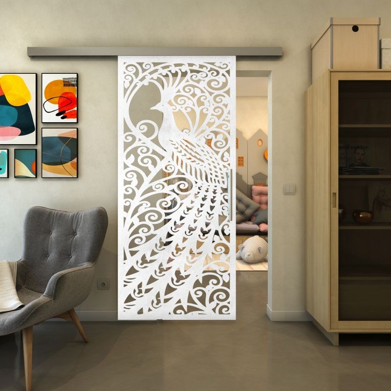 Glasschiebetür SLIM-LINE - Fineprint Modell 172 Weiss auf Klarglas