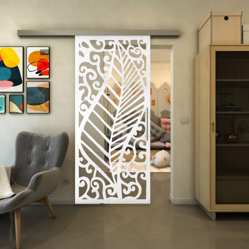 Glasschiebetür SLIM-LINE - Fineprint Modell 173 Weiss auf Klarglas