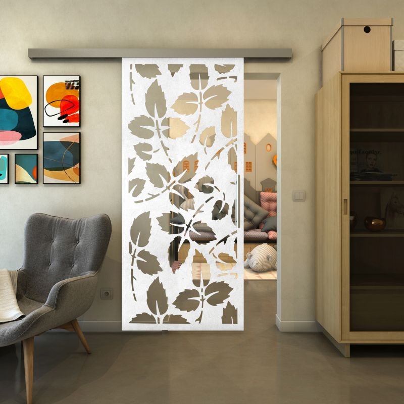 Glasschiebetür SLIM-LINE - Fineprint Modell 175 Weiss auf Klarglas