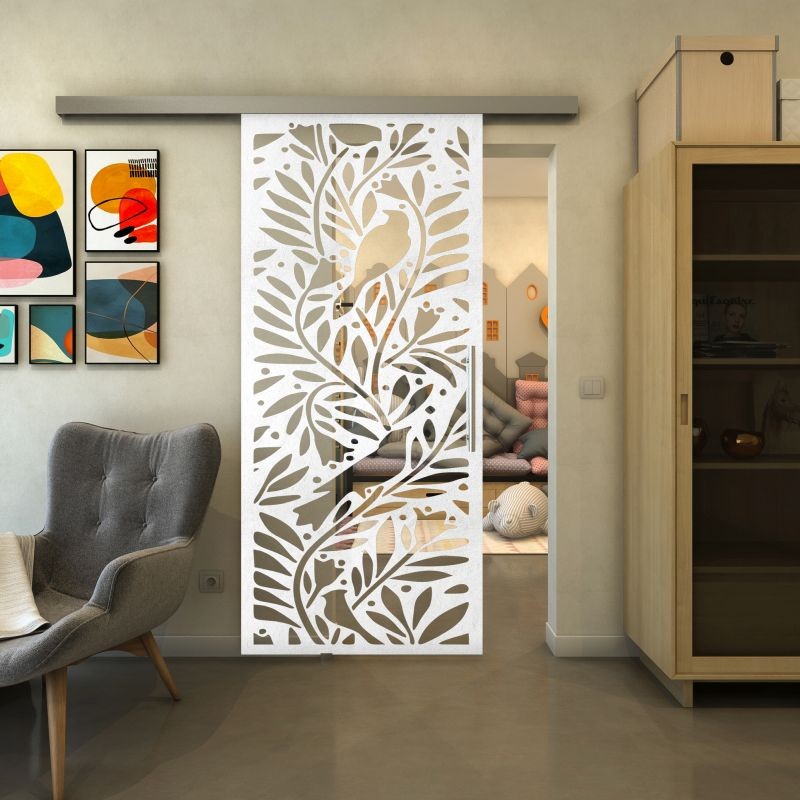 Glasschiebetür SLIM-LINE - Fineprint Modell 177 Weiss auf Klarglas
