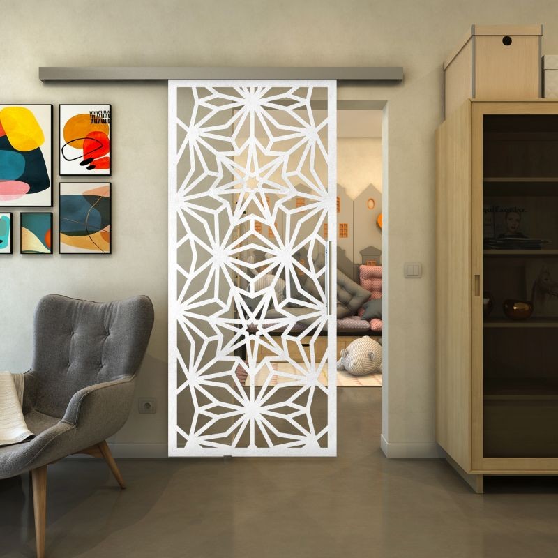Glasschiebetür SLIM-LINE - Fineprint Modell 178 Weiss auf Klarglas