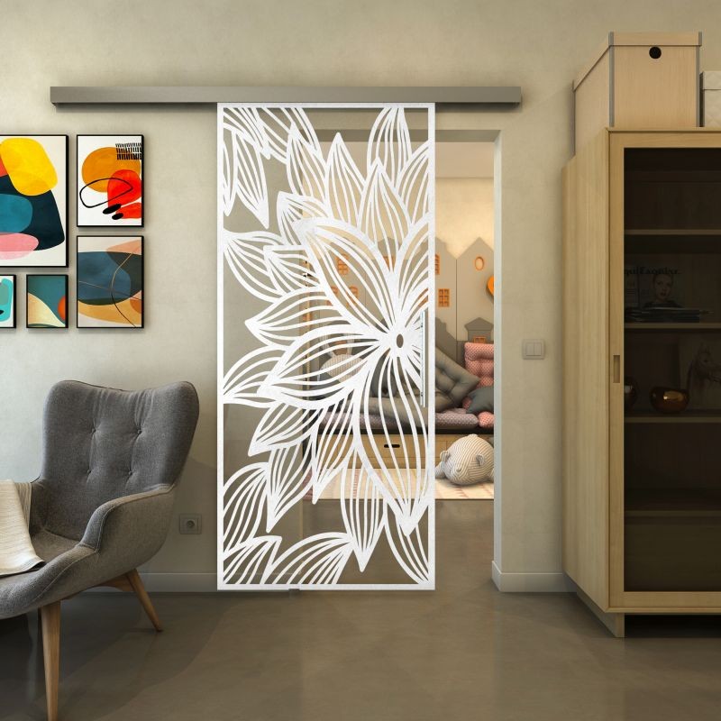 Glasschiebetür SLIM-LINE - Fineprint Modell 184 Weiss auf Klarglas