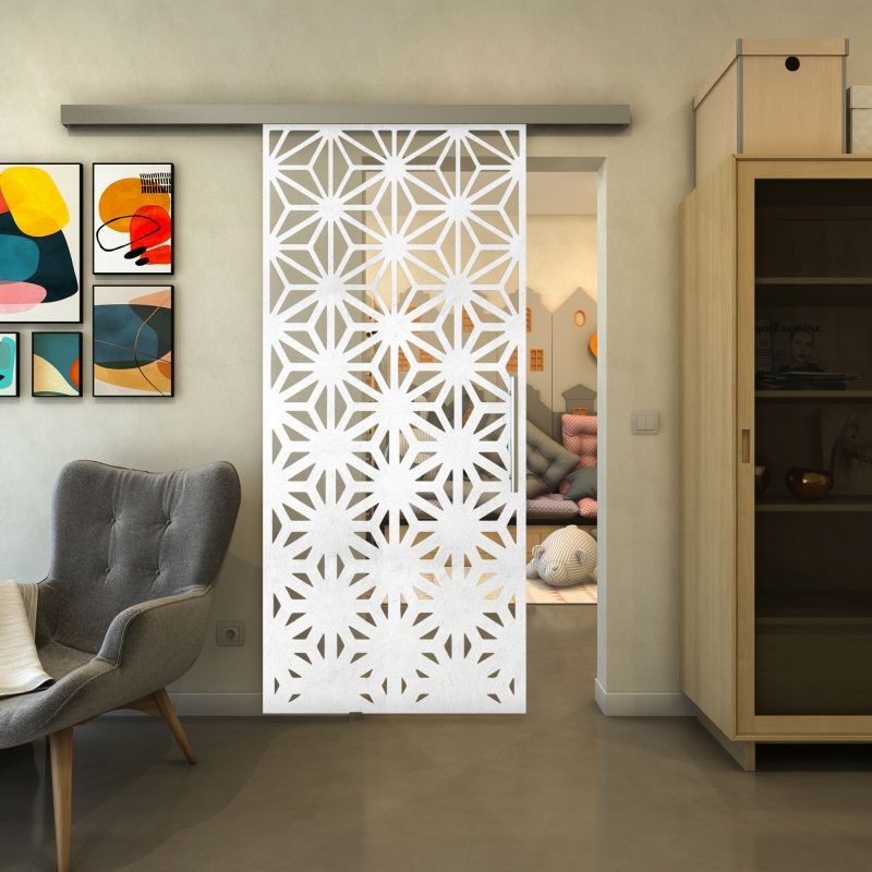 Glasschiebetür SLIM-LINE - Fineprint Modell 187 Weiss auf Klarglas