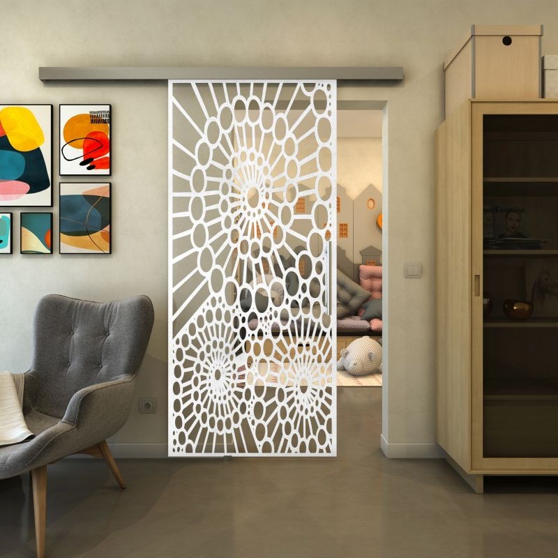 Glasschiebetür SLIM-LINE - Fineprint Modell 188 Weiss auf Klarglas