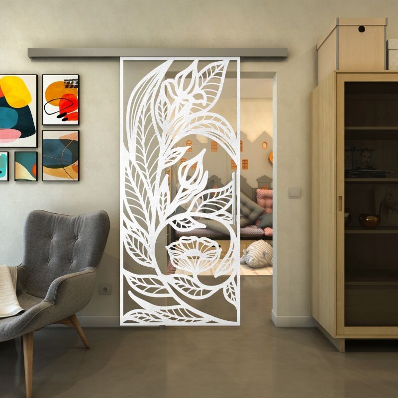Glasschiebetür SLIM-LINE - Fineprint Modell 196 Weiss auf Klarglas