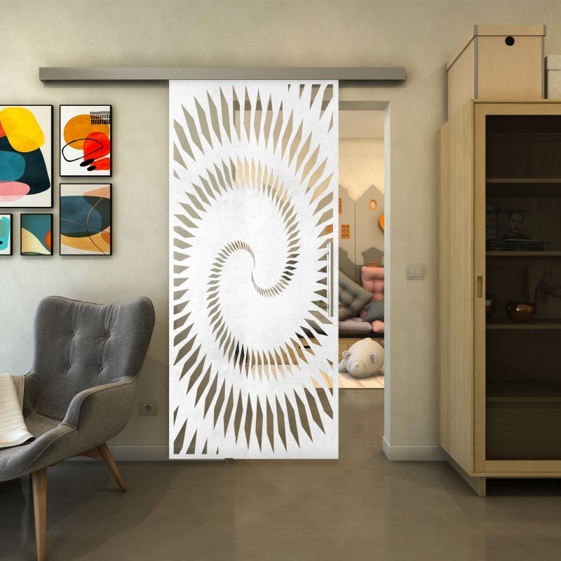Glasschiebetür SLIM-LINE - Fineprint Modell 197 Weiss auf Klarglas