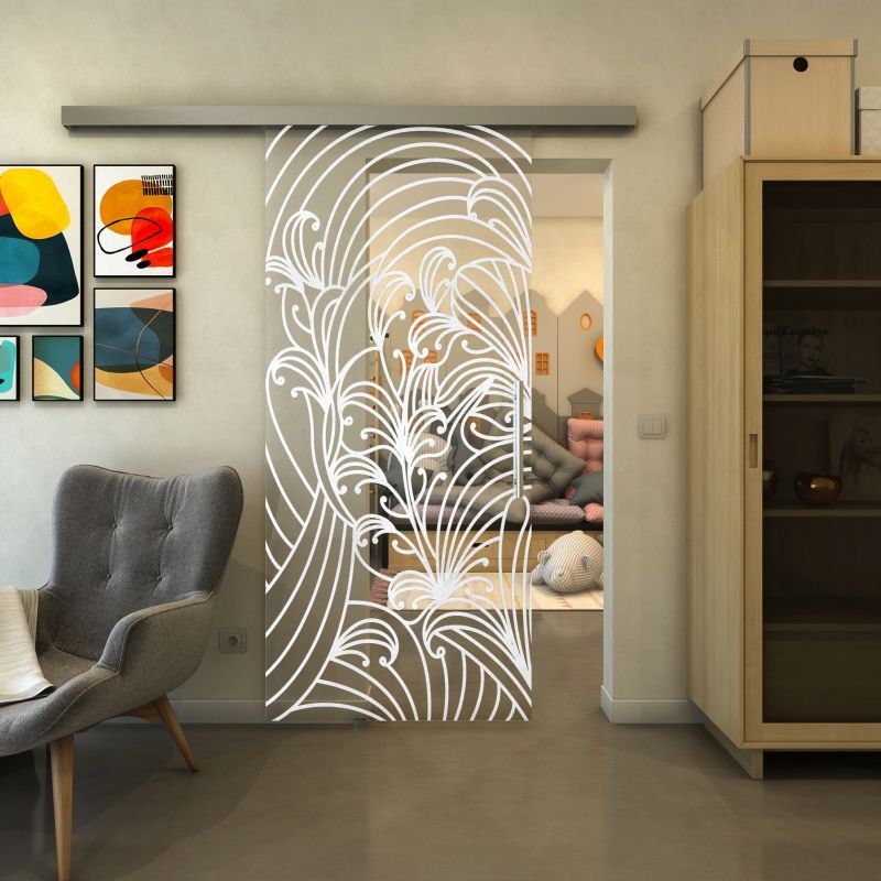 Glasschiebetür SLIM-LINE - Fineprint Modell 200 Weiss auf Klarglas