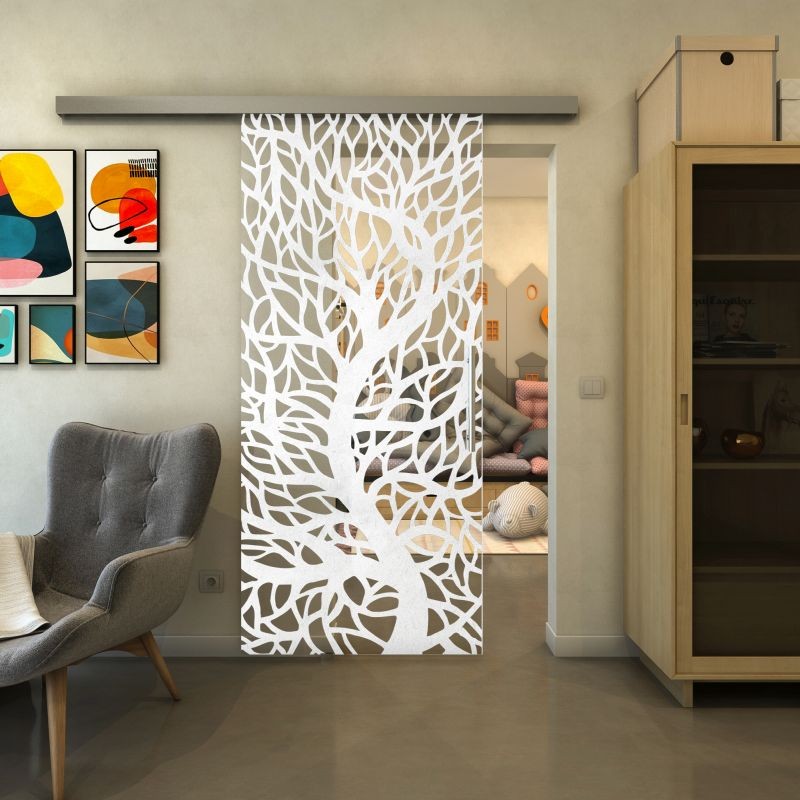 Glasschiebetür SLIM-LINE - Fineprint Modell 202 Weiss auf Klarglas