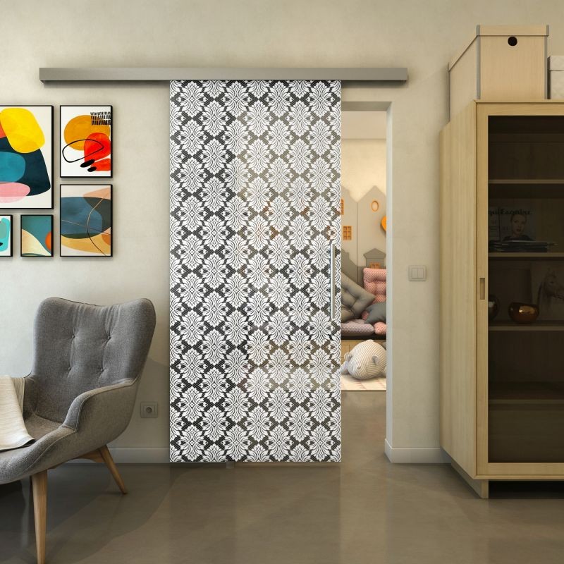 Glasschiebetür SLIM-LINE - Fineprint Modell 002 Weiss auf Grauglas