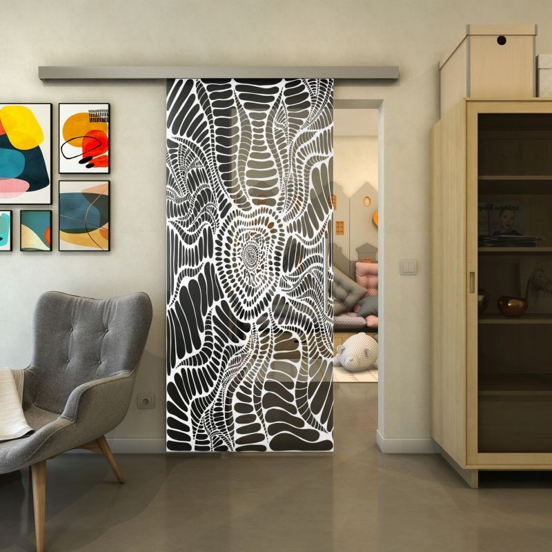 Glasschiebetür SLIM-LINE - Fineprint Modell 012 Weiss auf Grauglas