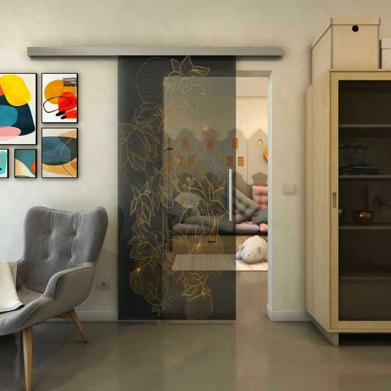 Glasschiebetür SLIM-LINE - Fineprint Modell 013 Gold auf Grauglas
