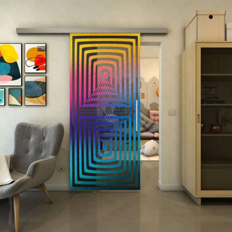 Glasschiebetür SLIM-LINE - Fineprint Modell 014 Verlauf auf Grauglas