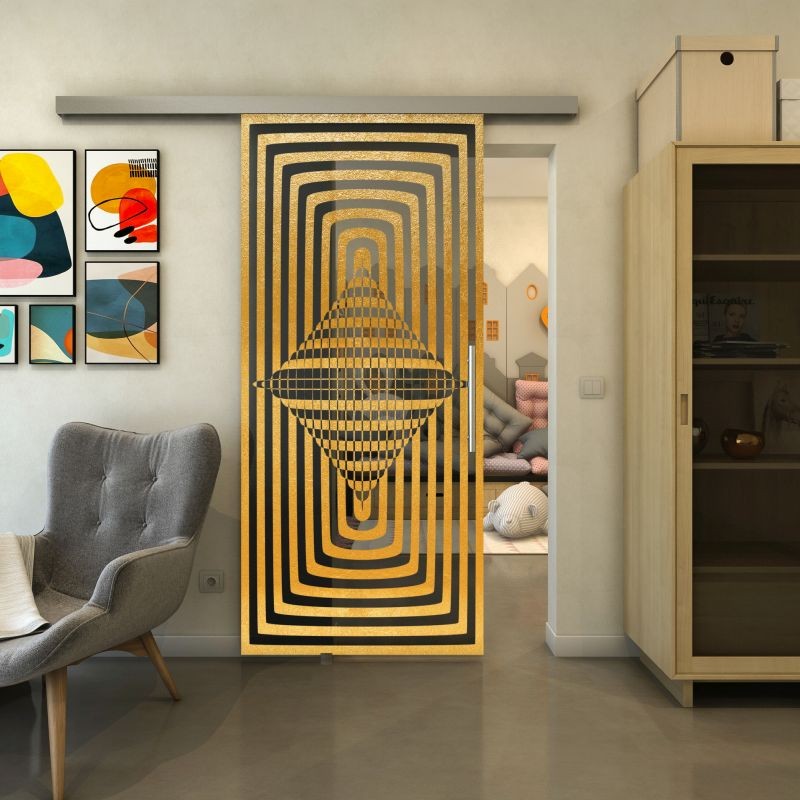 Glasschiebetür SLIM-LINE - Fineprint Modell 014 Gold auf Grauglas