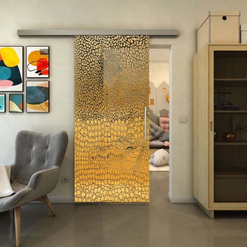 Glasschiebetür SLIM-LINE - Fineprint Modell 015 Gold auf Grauglas