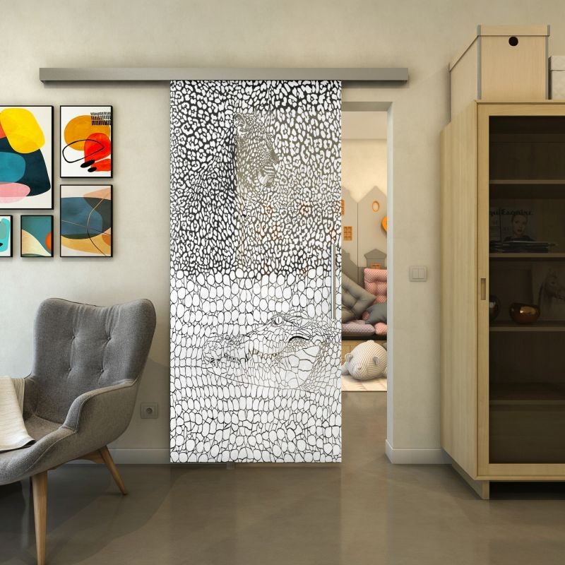 Glasschiebetür SLIM-LINE - Fineprint Modell 015 Weiss auf Grauglas