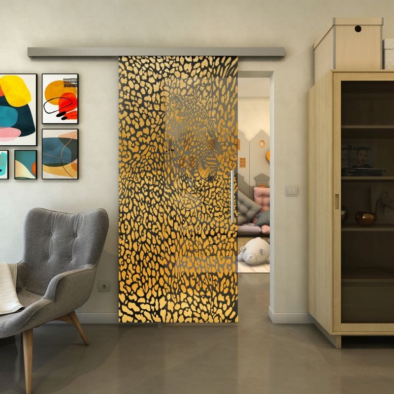 Glasschiebetür SLIM-LINE - Fineprint Modell 016 Gold auf Grauglas