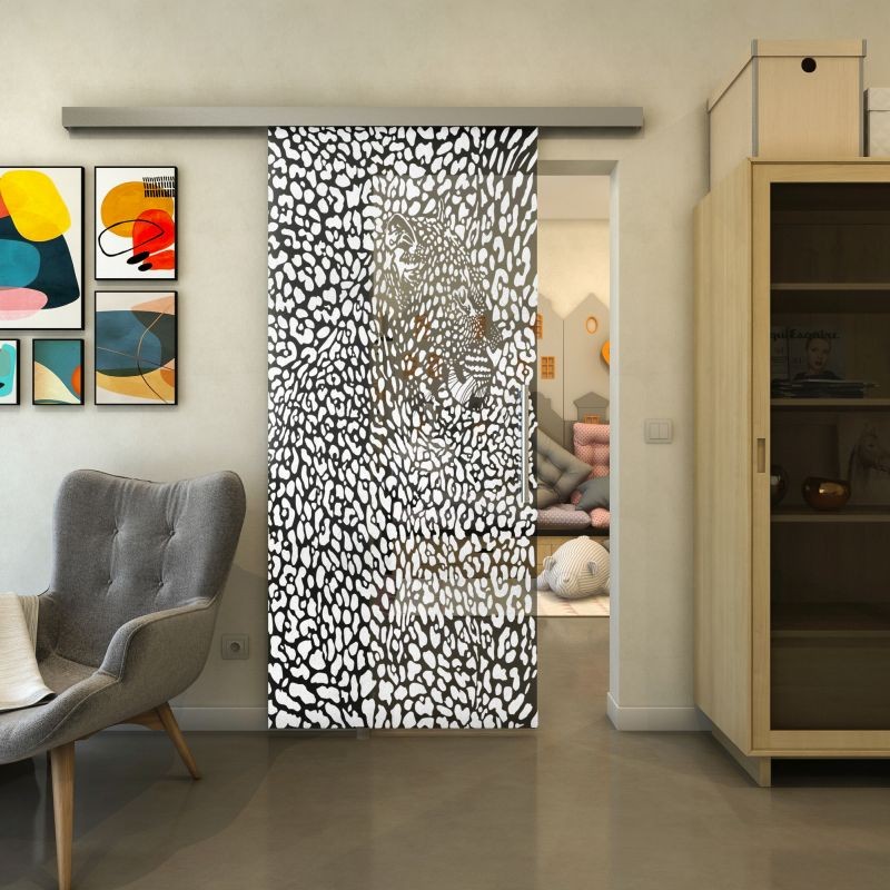 Glasschiebetür SLIM-LINE - Fineprint Modell 016 Weiss auf Grauglas