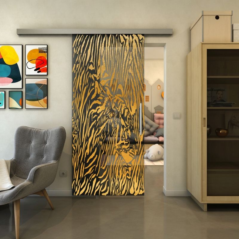 Glasschiebetür SLIM-LINE - Fineprint Modell 017 Gold auf Grauglas