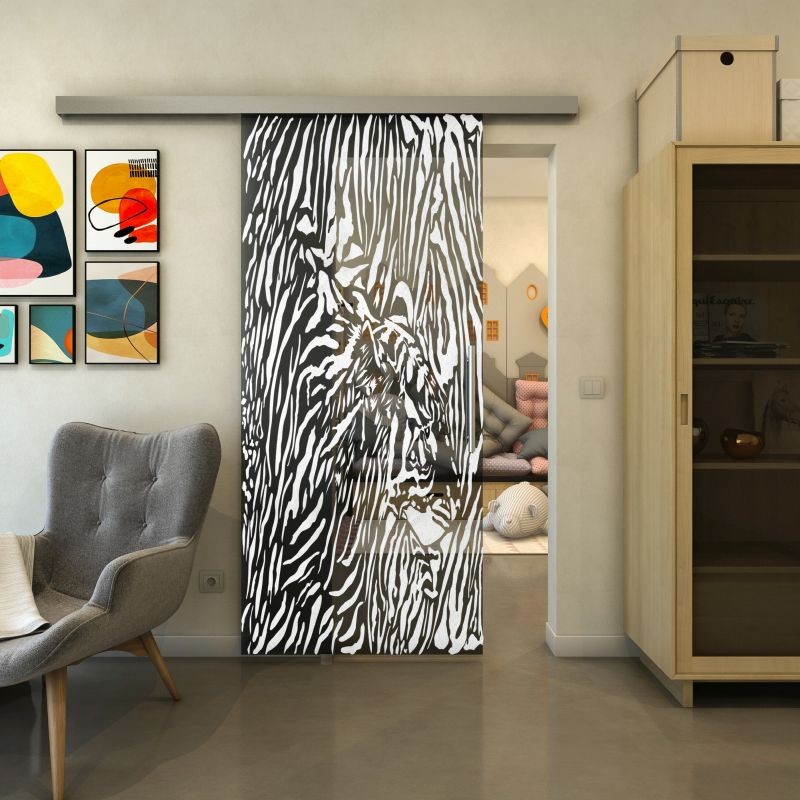 Glasschiebetür SLIM-LINE - Fineprint Modell 017 Weiss auf Grauglas