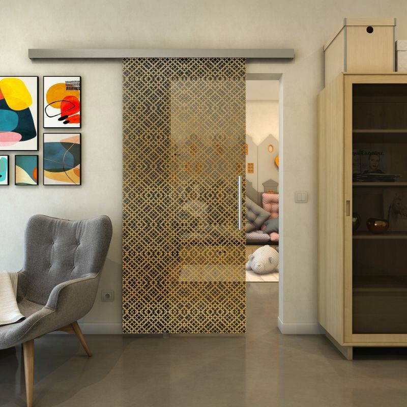 Glasschiebetür SLIM-LINE - Fineprint Modell 018 Gold auf Grauglas