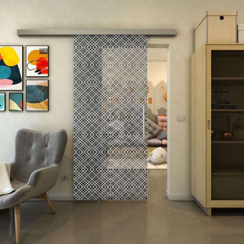 Glasschiebetür SLIM-LINE - Fineprint Modell 018 Weiss auf Grauglas