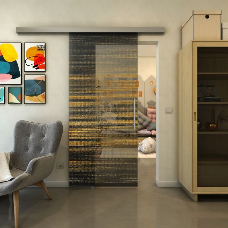 Glasschiebetür SLIM-LINE - Fineprint Modell 019 Gold auf Grauglas